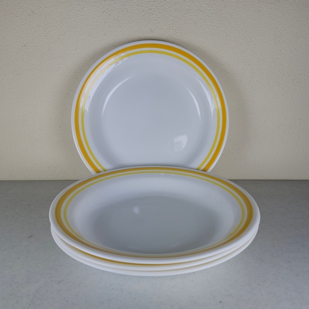 4 CORELLE CITRUS DUAL YELLOW STRIPES FLAT RIMMED SOUP  BOWLS